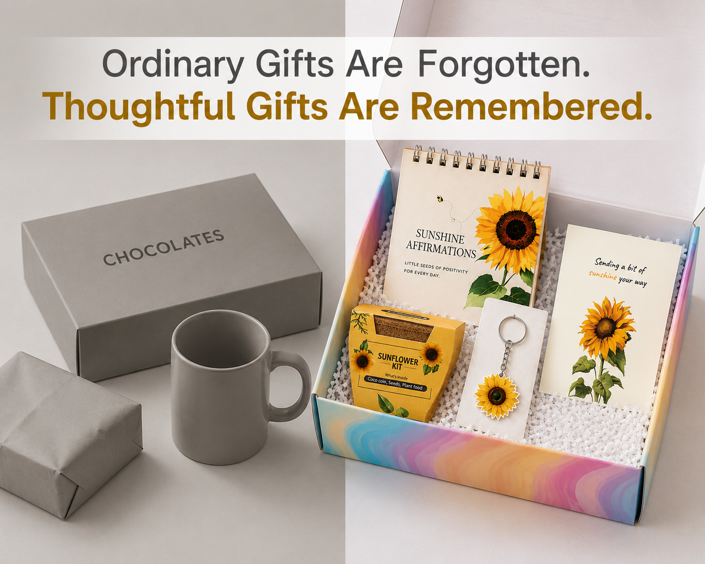 Papboo Sunflower Gift Box | Beautiful Gift Box with MDF Sunflower Keychain, Affirmation Cards, Coco Pot Growing Kit & Greeting Card