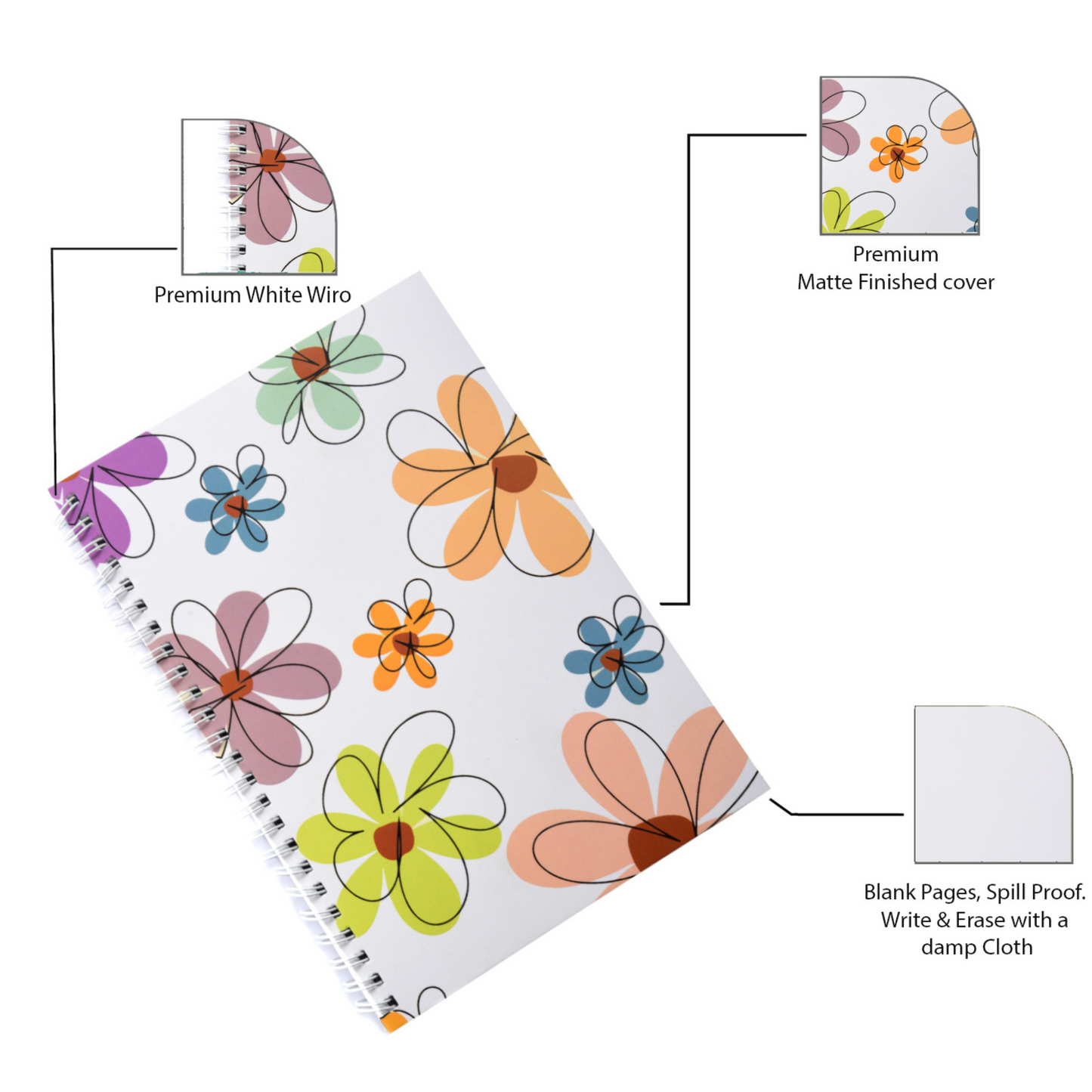 White floral Re-writable Notebook