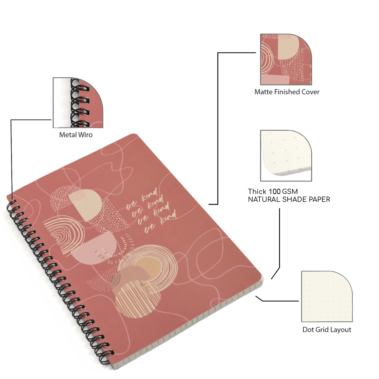 BE KIND, Easy to Carry Spiral, Wiro Notebook – Dot Grid