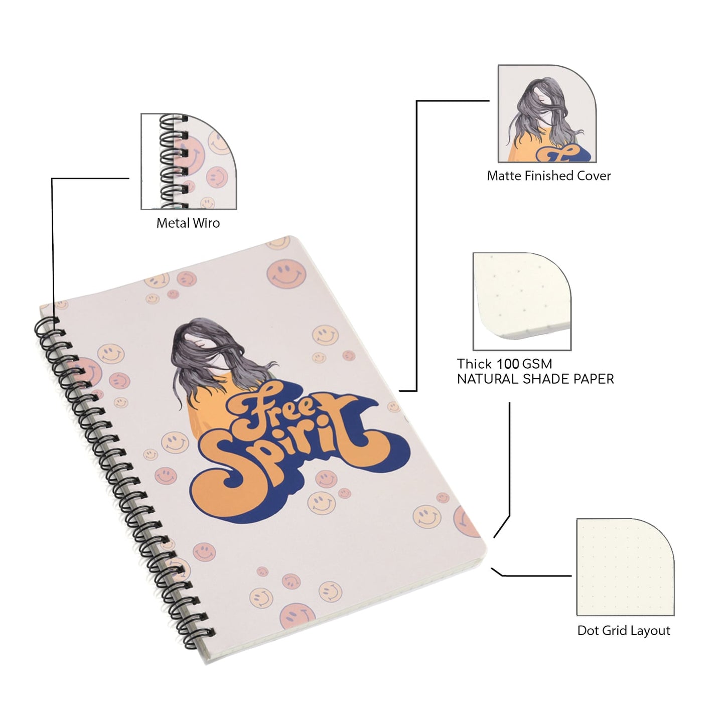 FREE SPIRIT, Easy to Carry Spiral Wiro Notebook – Dot Grid