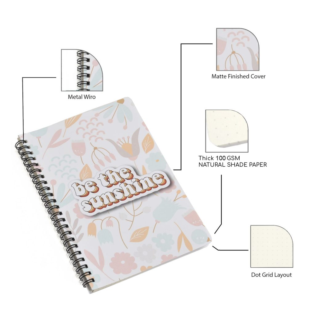 SUNSHINE, Easy to Carry Spiral Wiro Notebook – Dot Grid