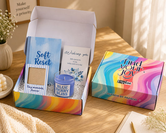 Papboo Memory Gift Box | Beautiful Gift Box with A6 Hardbound Notebook, Ice Blue Scented Candle, Personalised Photo Magnet & Greeting Card