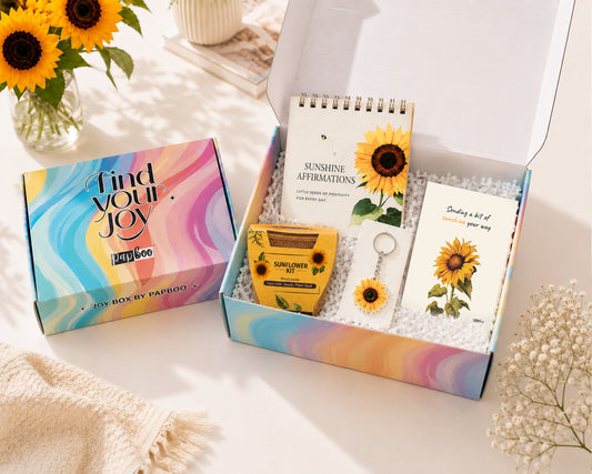 Papboo Sunflower Gift Box | Beautiful Gift Box with MDF Sunflower Keychain, Affirmation Cards, Coco Pot Growing Kit & Greeting Card