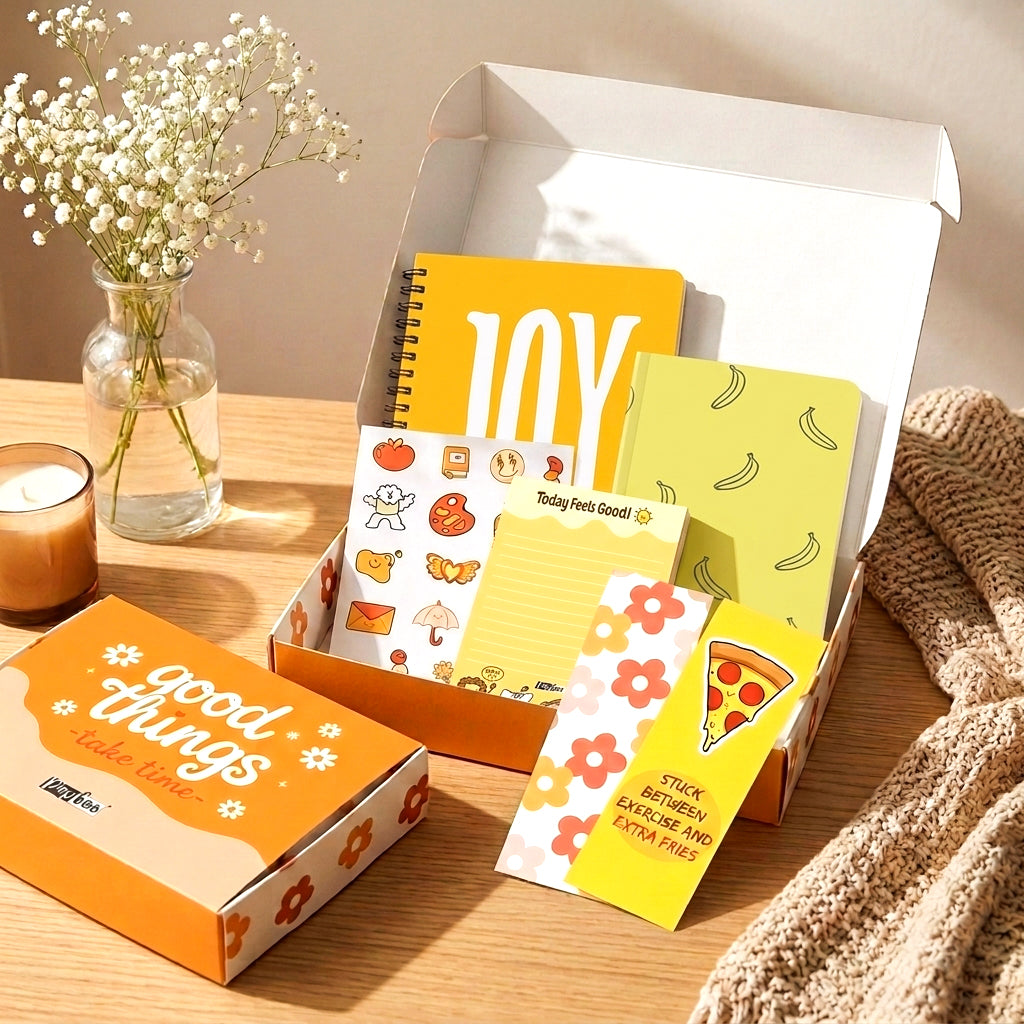Papboo Stationery Hamper Gift Set | A5 Dot Grid Journal, A6 Plain Notebook, Tear-Off Notepad, Stickers & 2 Bookmarks | Premium Stationery Kit for Journaling, Study, Office, Birthday & Return Gifts(Yellow)