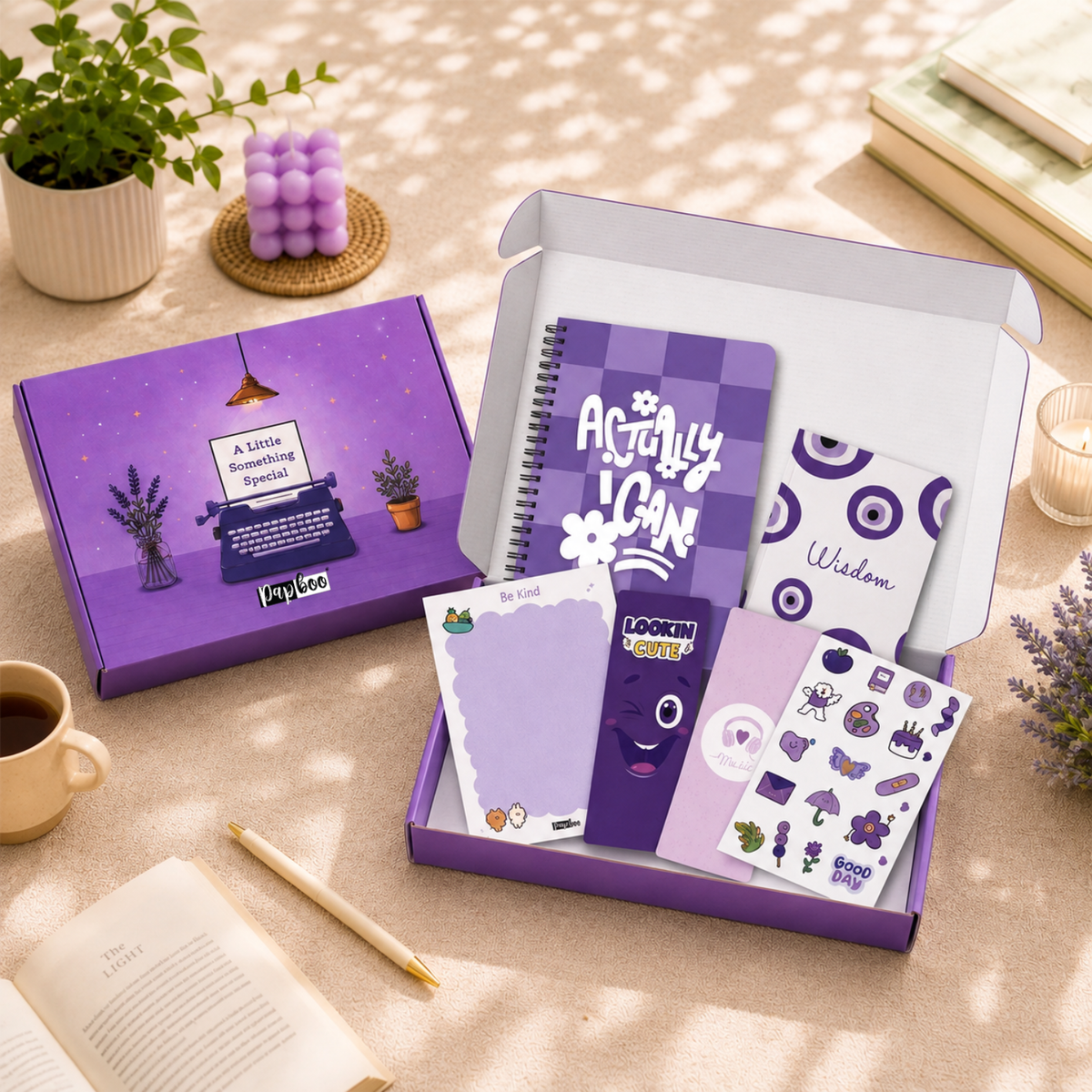 Papboo Stationery Hamper Gift Set | A5 Dot Grid Journal, A6 Plain Notebook, Tear-Off Notepad, Stickers & 2 Bookmarks | Premium Stationery Kit for Journaling, Study, Office, Birthday & Return Gifts(Purple)