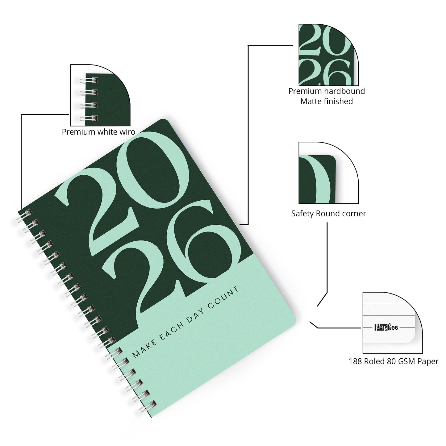 2026 Wiro Hardcover Diary with Calendar  (Green)
