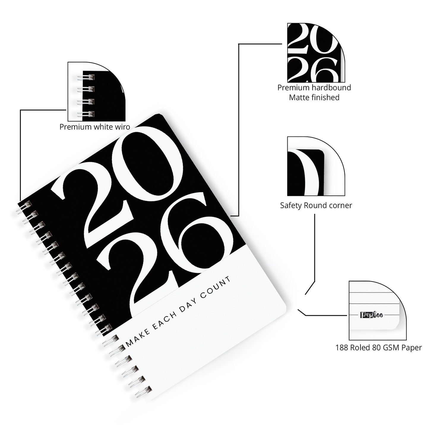 2026 Wiro Hardcover Diary with Calendar  (Black)