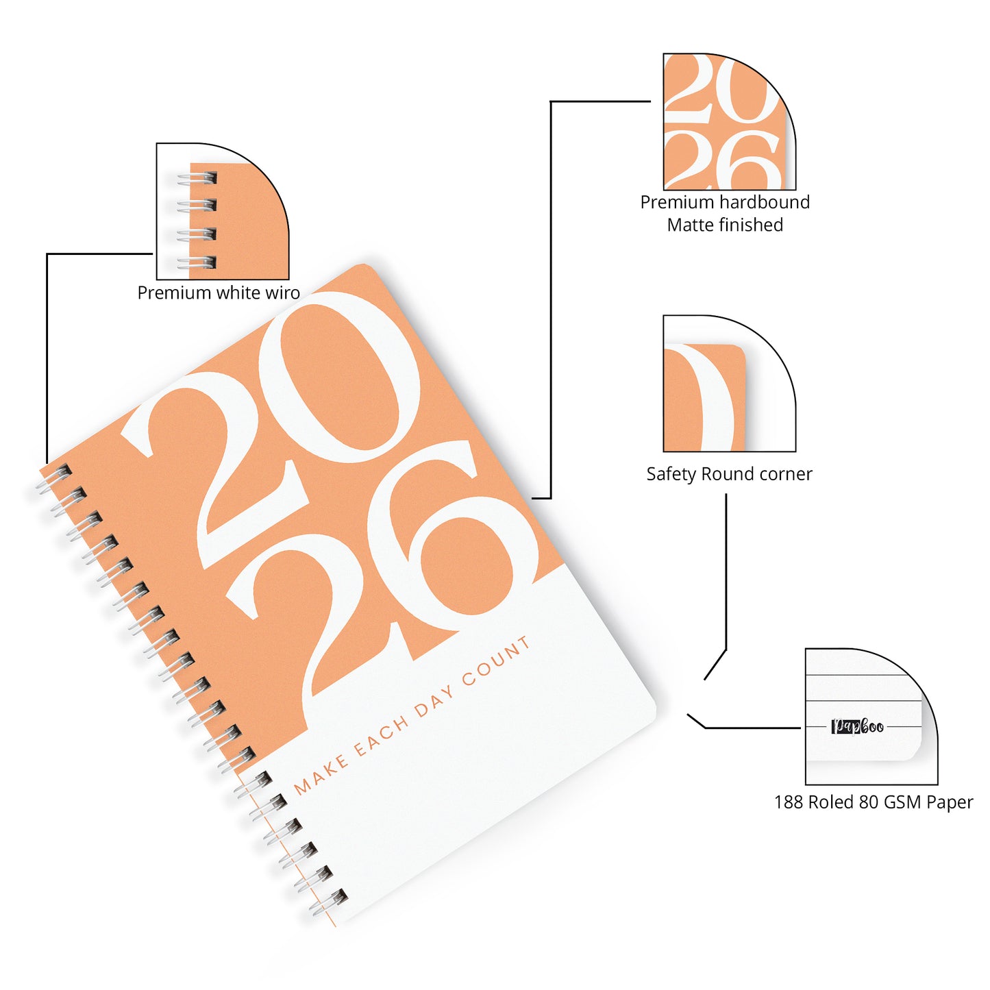 2026 Wiro Hardcover Diary with Calendar  (Orange)