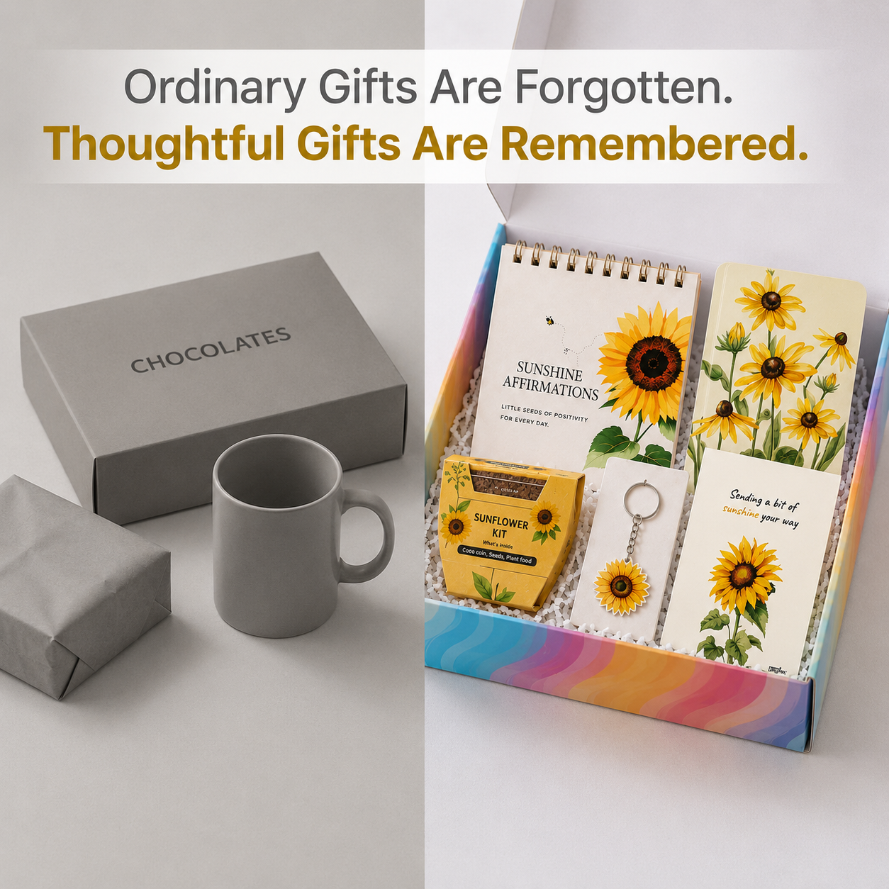 Papboo Sunshine Gift Box | Beautiful Gift Box with MDF Sunflower Keychain, Affirmation Cards, Coco Pot Growing Kit & Greeting Card