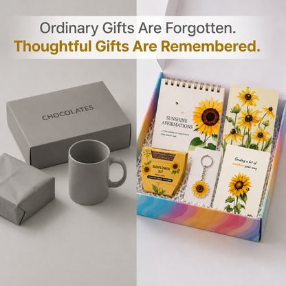 Papboo Sunshine Gift Box | Beautiful Gift Box with MDF Sunflower Keychain, Affirmation Cards, Coco Pot Growing Kit & Greeting Card