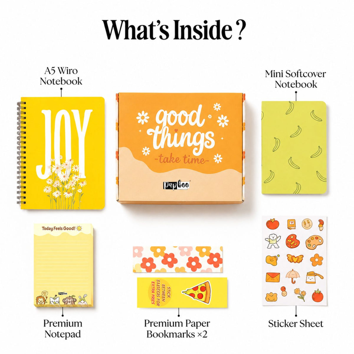 Papboo Stationery Hamper Gift Set | A5 Dot Grid Journal, A6 Plain Notebook, Tear-Off Notepad, Stickers & 2 Bookmarks | Premium Stationery Kit for Journaling, Study, Office, Birthday & Return Gifts(Yellow)