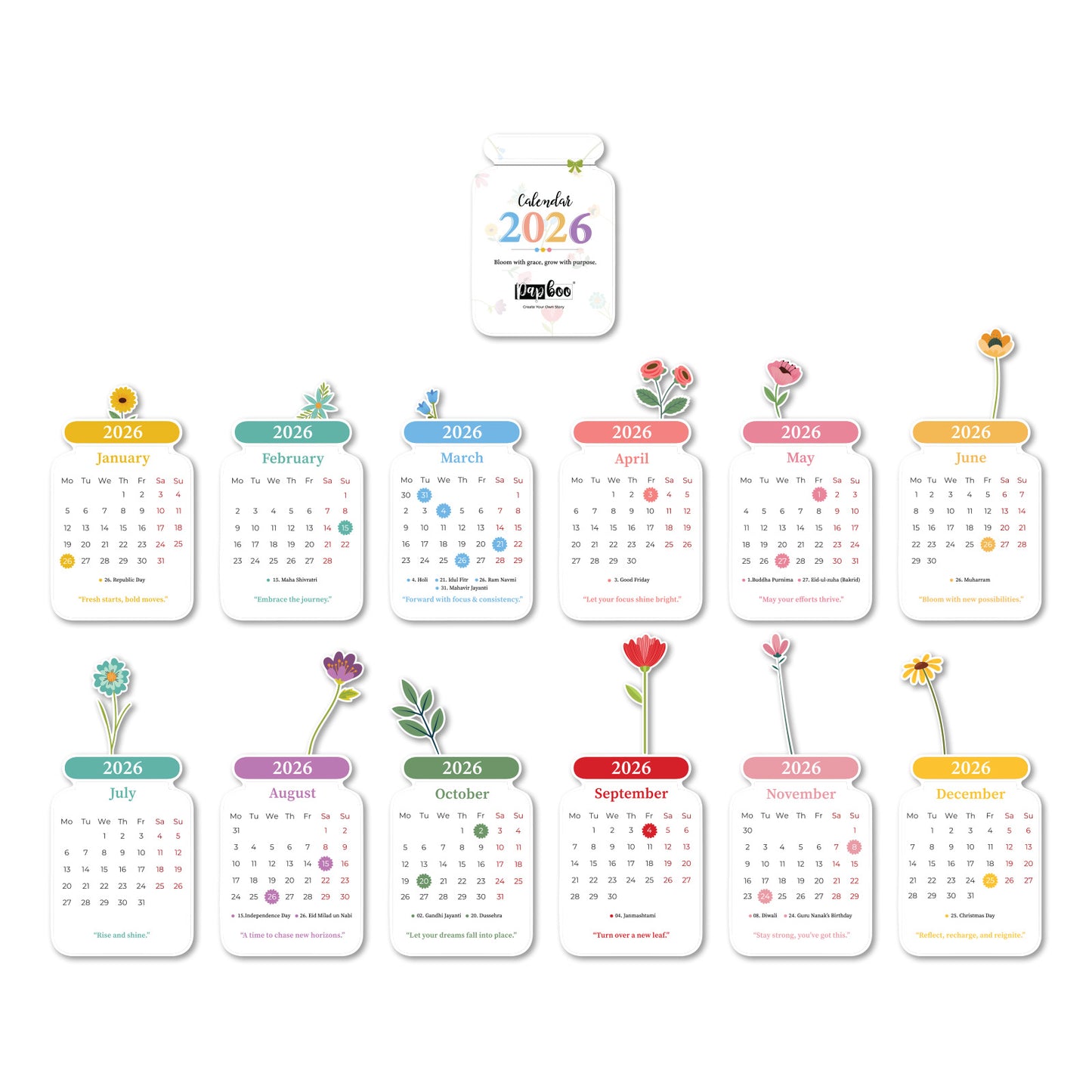 Papboo 2026 Die-Cut Desk Calendar- Flowers