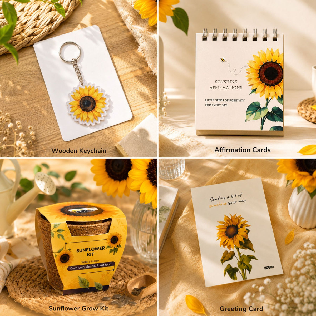 Papboo Sunflower Gift Box | Beautiful Gift Box with MDF Sunflower Keychain, Affirmation Cards, Coco Pot Growing Kit & Greeting Card