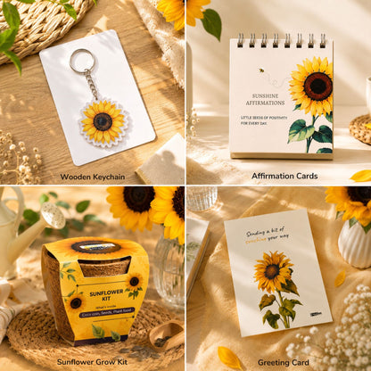 Papboo Sunflower Gift Box | Beautiful Gift Box with MDF Sunflower Keychain, Affirmation Cards, Coco Pot Growing Kit & Greeting Card