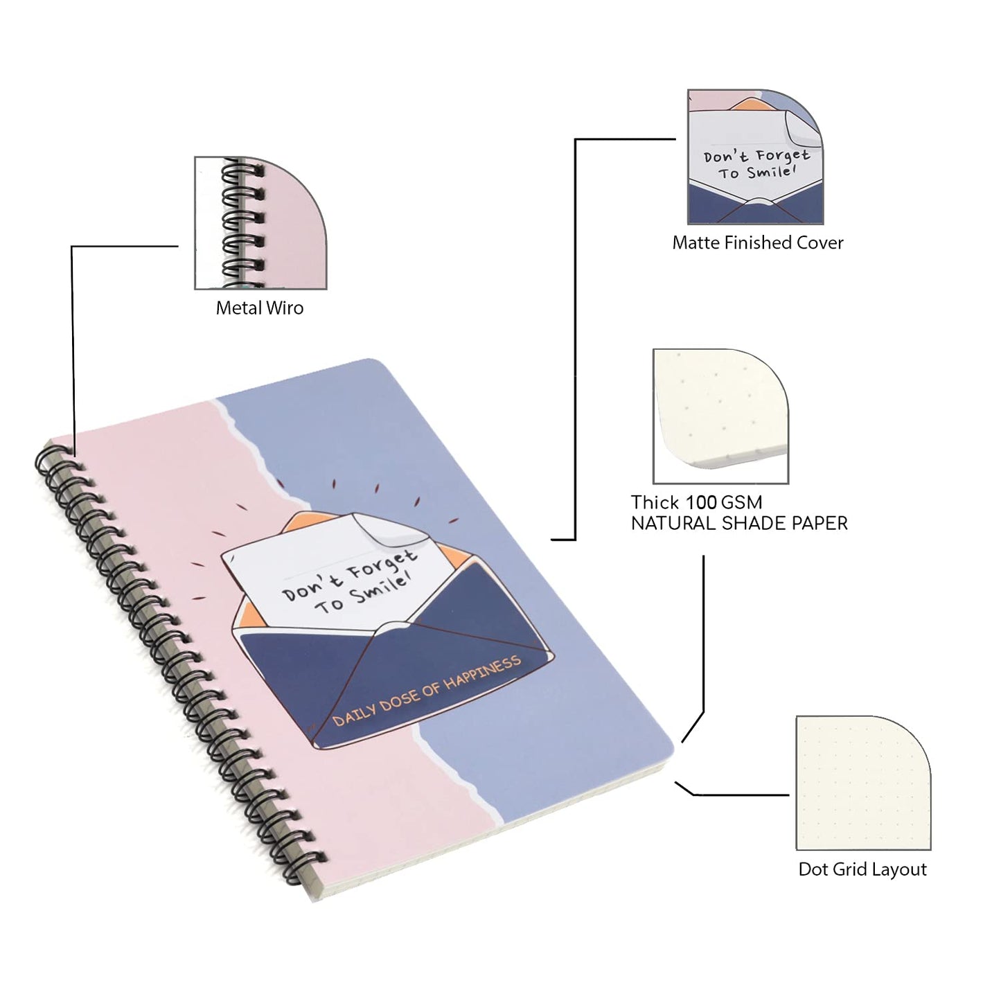SMILE, Easy to Carry Spiral Wiro Notebook -  Dot Grid