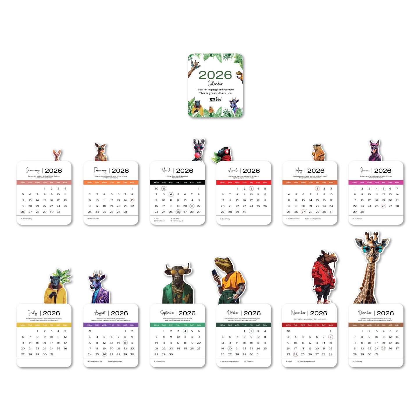 Papboo 2026 Die-Cut Desk Calendar- Animals