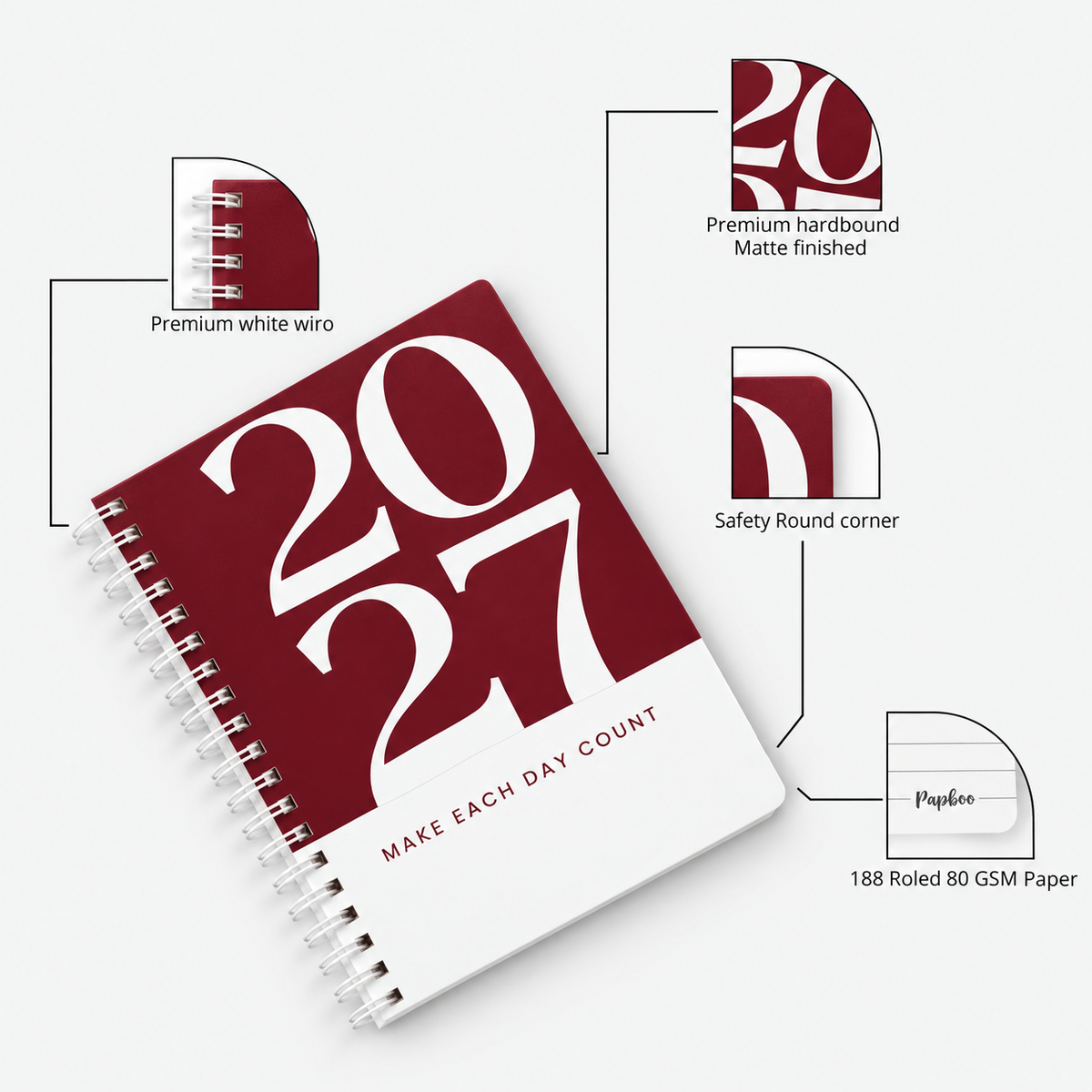 2027 Wiro Hardcover Diary with Calendar  (Burgundy)