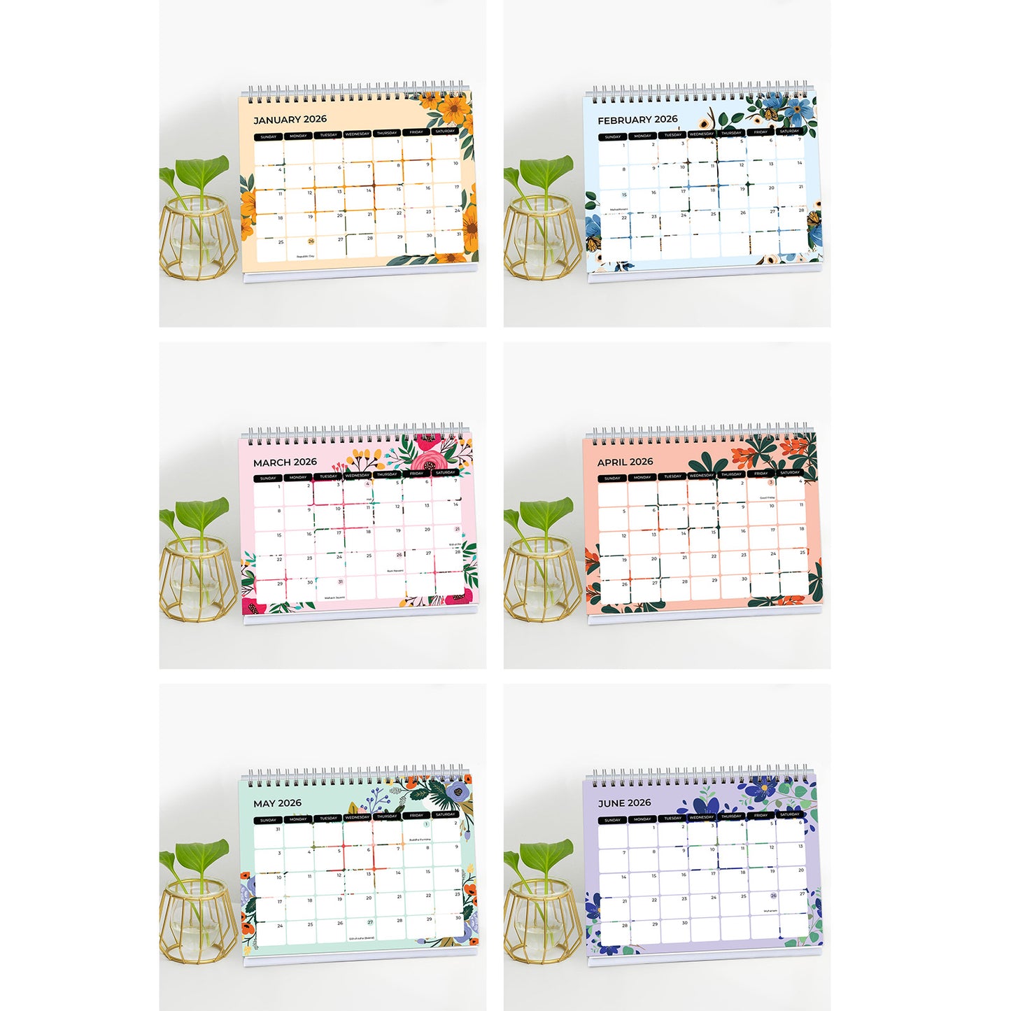 2026 Desk Calendar With To-do List Planner and Sticker Sheet - Floral
