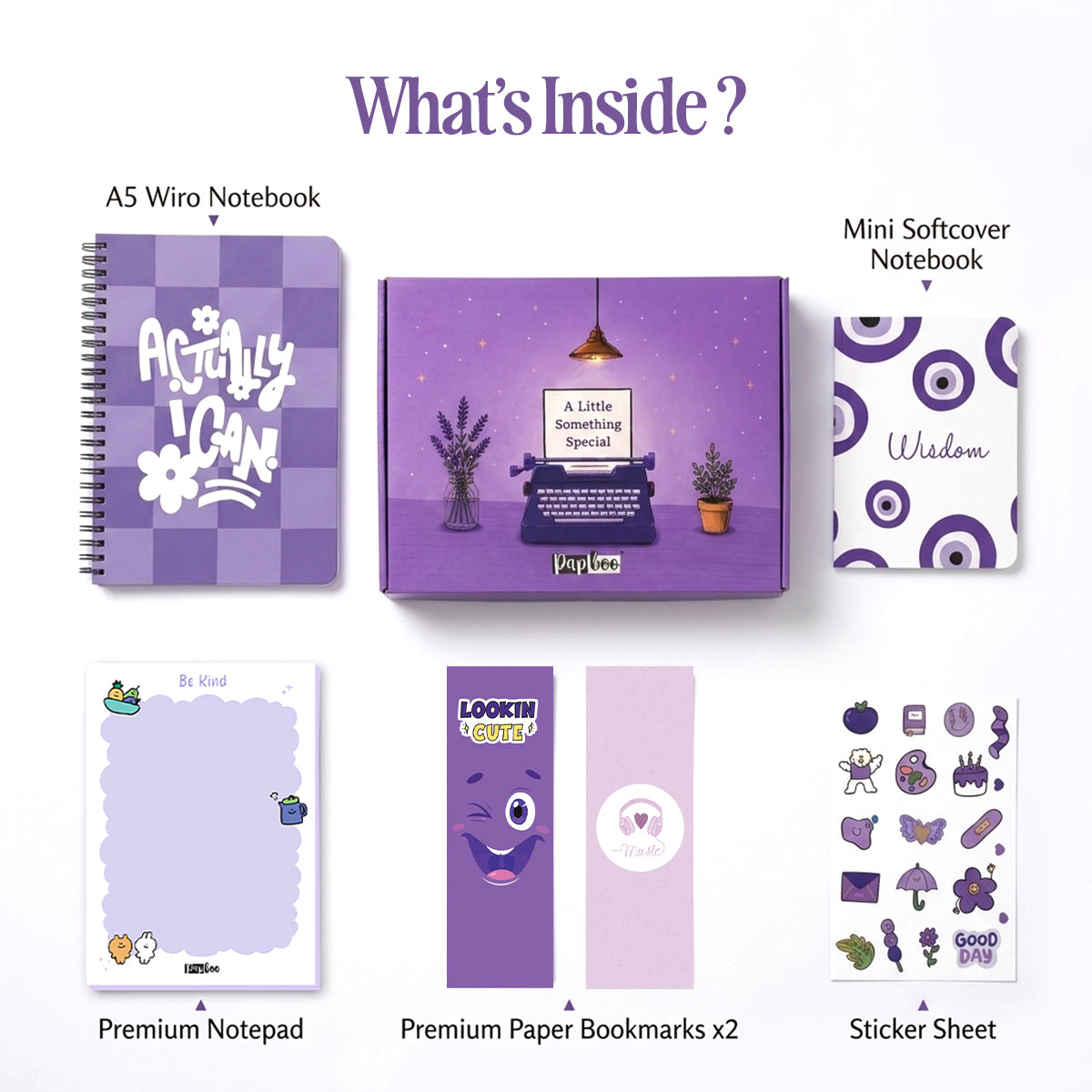 Papboo Stationery Hamper Gift Set | A5 Dot Grid Journal, A6 Plain Notebook, Tear-Off Notepad, Stickers & 2 Bookmarks | Premium Stationery Kit for Journaling, Study, Office, Birthday & Return Gifts(Purple)
