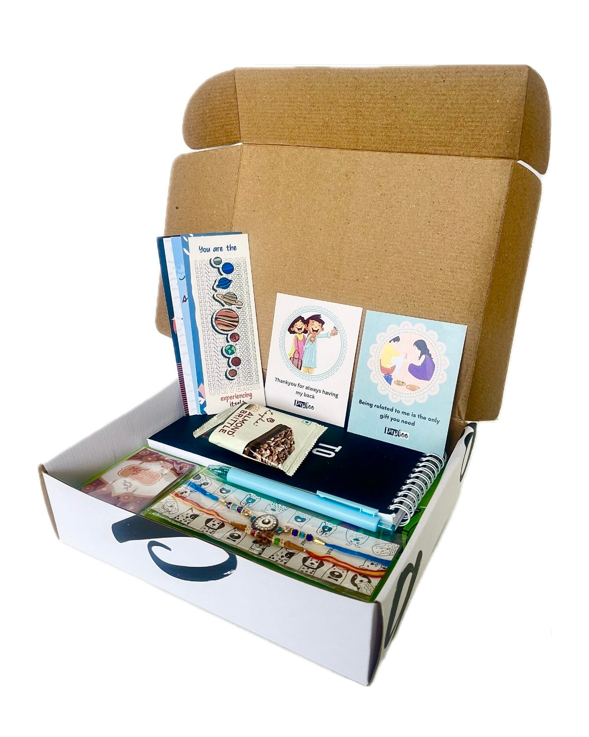 Papboo Raksha Bandhan Hamper For Brother With Rakhi Tilak,1 Brownie Bar, 1 Hardcover Diary, 1 To DO list, 1 Pen, 5 Bookmark, 2 Rakhi Cards