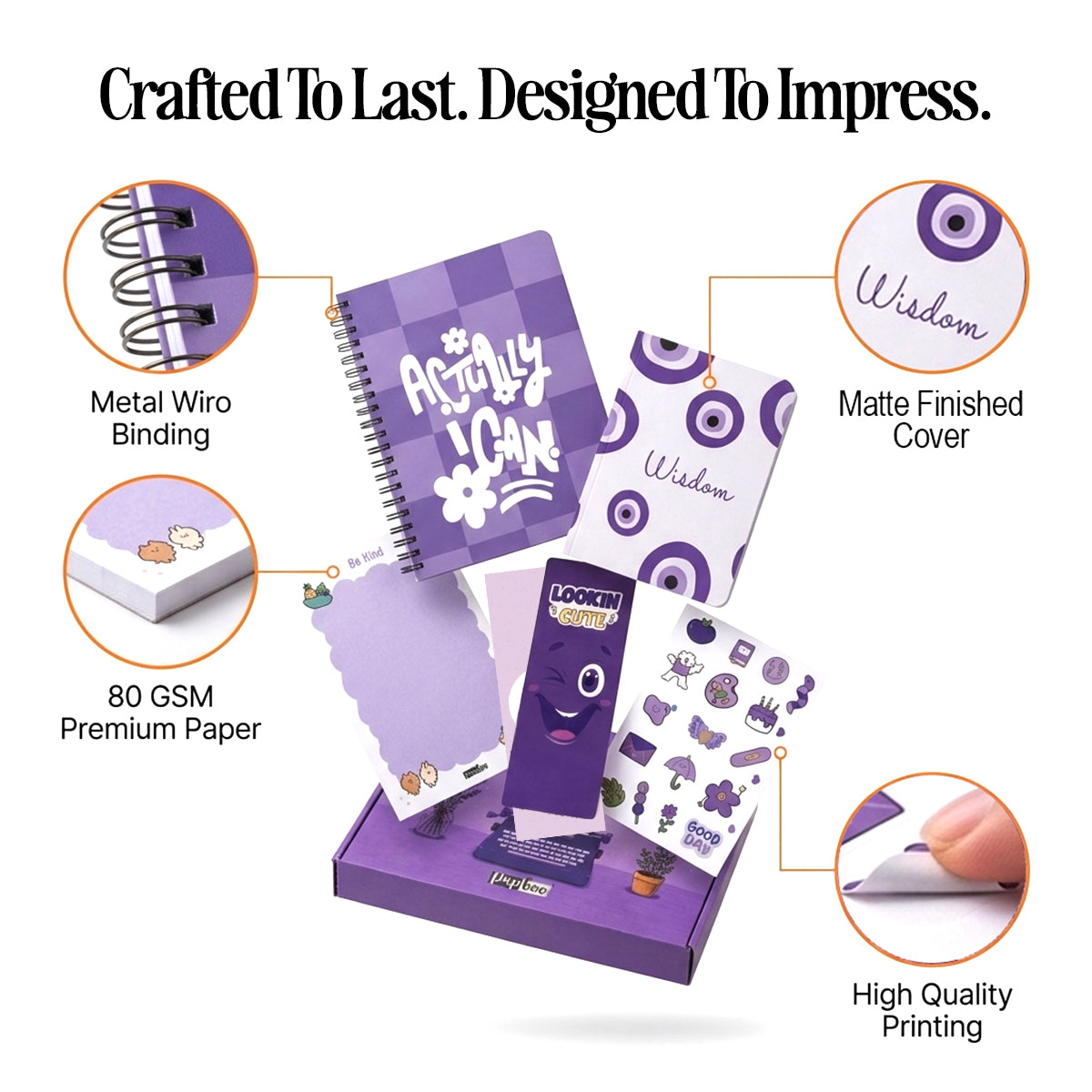 Papboo Stationery Hamper Gift Set | A5 Dot Grid Journal, A6 Plain Notebook, Tear-Off Notepad, Stickers & 2 Bookmarks | Premium Stationery Kit for Journaling, Study, Office, Birthday & Return Gifts(Purple)