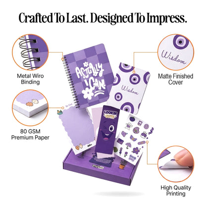 Papboo Stationery Hamper Gift Set | A5 Dot Grid Journal, A6 Plain Notebook, Tear-Off Notepad, Stickers & 2 Bookmarks | Premium Stationery Kit for Journaling, Study, Office, Birthday & Return Gifts(Purple)